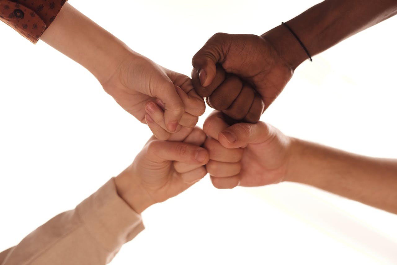 gallery-1 Close-up of diverse hands joining in a fist bump representing unity and teamwork.